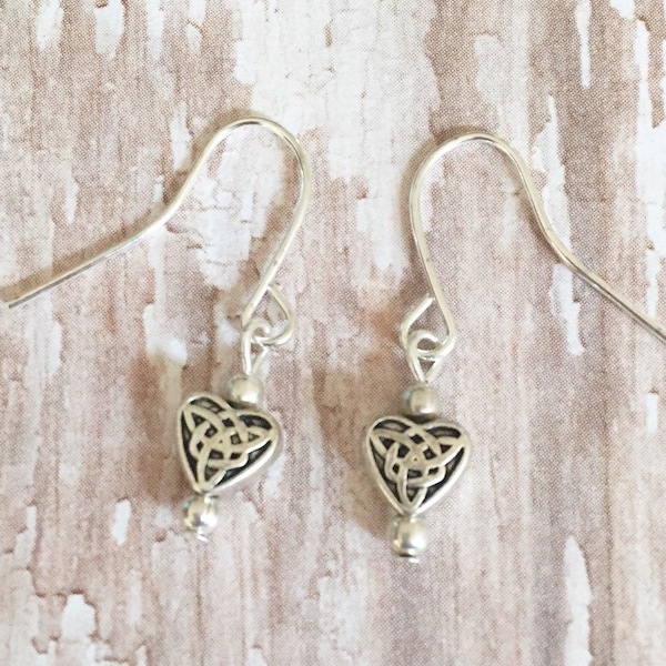 Silver Heart Earrings, Valentines day jewelry, Celtic Knot Earrings, Anniversary Gift, Small Heart Earrings, Heart Jewelry, Dainty Earrings