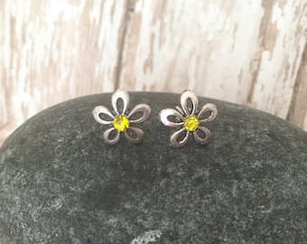 Silver Daisy Stud Earrings: Rhinestone Flower, Stainless Steel Posts