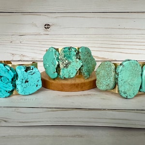 Large Chunky Turquoise And Gold Brass Cuff Bracelet, Blue Turquoise Stone Bracelet, Boho Raw Stone Gold Bangle, Statement Jewelry
