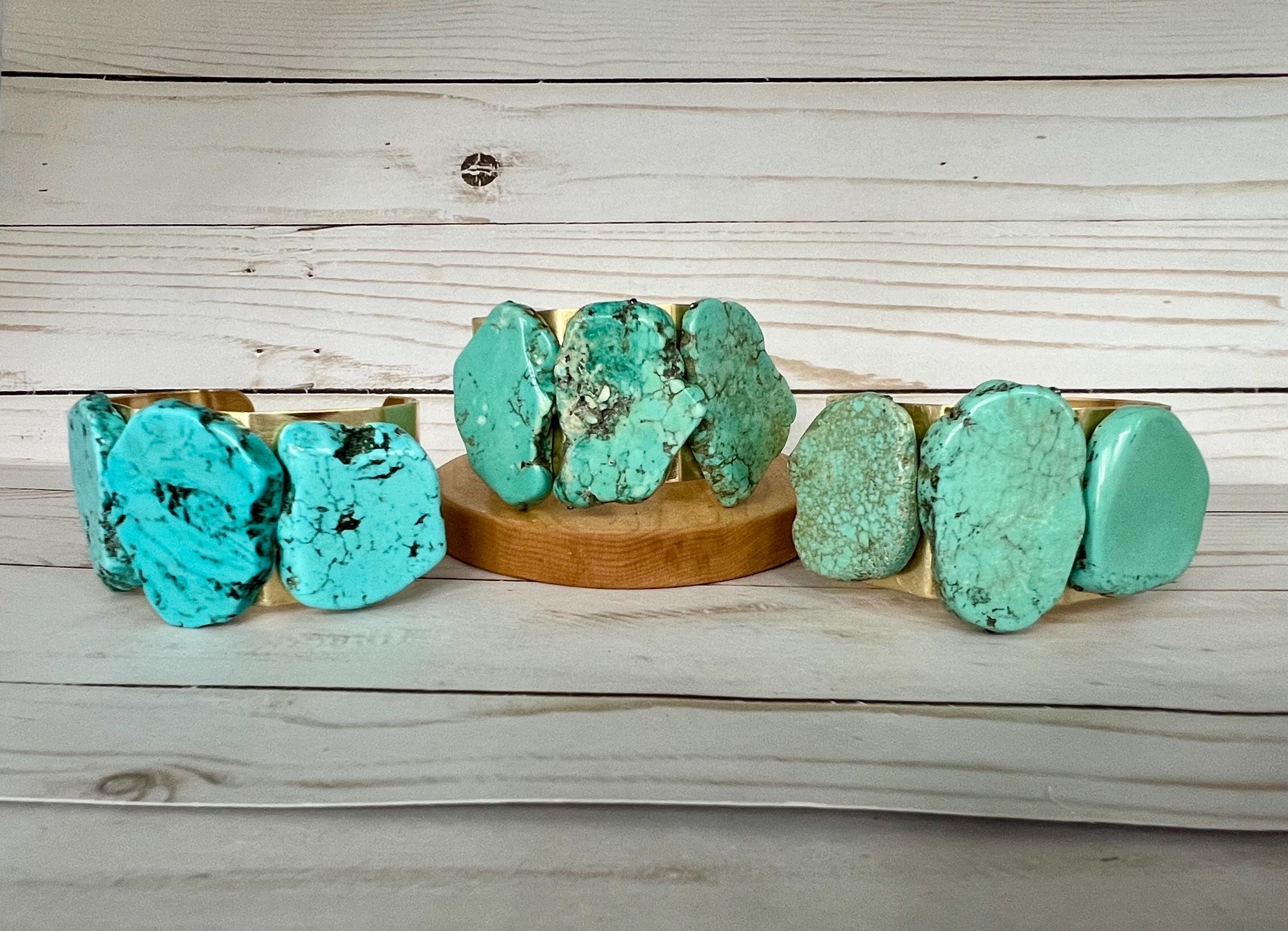 Large Chunky Turquoise And Gold Brass Cuff Bracelet, Blue Turquoise Stone Bracelet, Boho Raw Stone Gold Bangle, Statement Jewelry