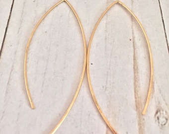 Thin Gold Hammered Hoop Earrings, Gold Threader Earrings, Open Hoop Earrings, Minimalist Geometric Jewelry, Wishbone Earrings, 14K gold hoop