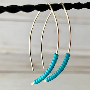 Thin Gold and Turquoise Hammered Open Hoop Earrings, Gold Threader Earrings, Minimalist Geometric Jewelry, Wishbone Earrings, 14K gold hoop