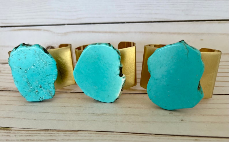 Turquoise Cuff Bracelet, Chunky Turquoise Bracelet, Gold Turquoise Bracelet, Statement Bracelet, Brass Cuff Bracelet, Natural Stone Cuff image 10