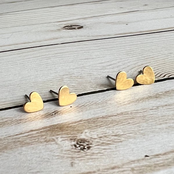 Gold Brass Heart Stud Earrings, Heart Jewelry, Small Hammered Heart Earrings, Valentines Day Gift, Anniversary Gift