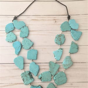Layered Chunky Turquoise and Leather Cord Necklace, Long Turquoise Statement Necklace, Double Strand Necklace, Leather and Stone Necklace