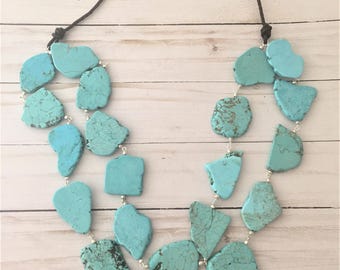 Layered Chunky Turquoise and Leather Cord Necklace, Long Turquoise Statement Necklace, Double Strand Necklace, Leather and Stone Necklace