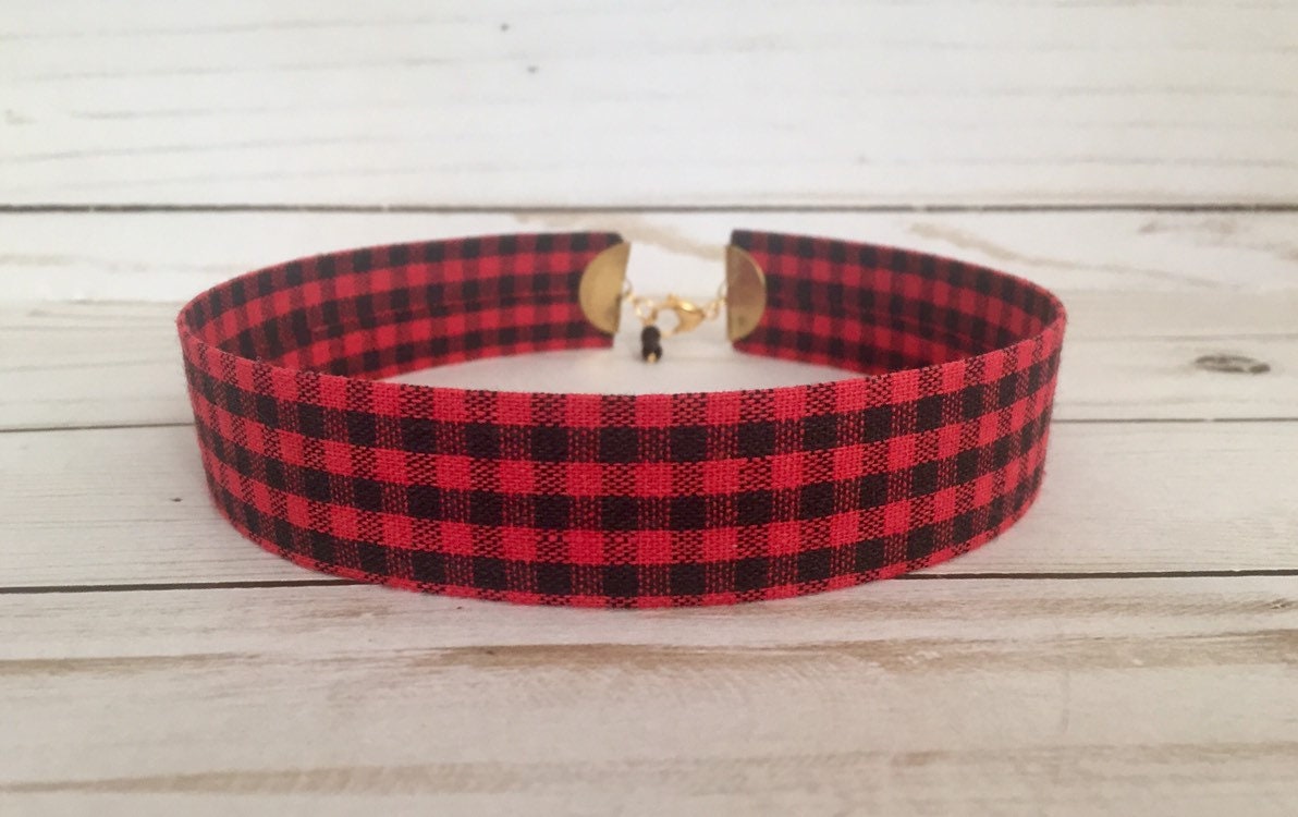 Red and Black Plaid Choker Necklace, Buffalo Plaid Necklace, Plaid Jewelry, Flannel Necklace, Lumberjack Plaid Jewelry, Ribbon Choker