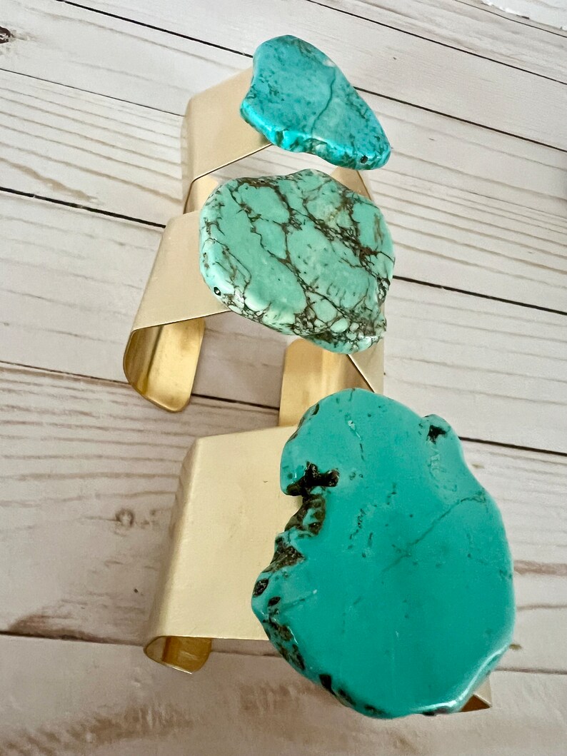 Turquoise Cuff Bracelet, Chunky Turquoise Bracelet, Gold Turquoise Bracelet, Statement Bracelet, Brass Cuff Bracelet, Natural Stone Cuff image 2