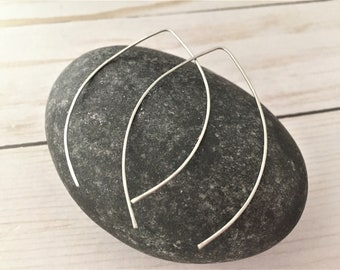 Minimalist Silver Open Hoop Earrings, Stainless Steel Threader Earrings, Arc Hoops, Hammered Earrings, Wishbone Earrings