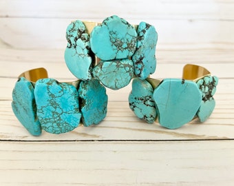 Large Chunky Turquoise And Gold Brass Cuff Bracelet, Blue Turquoise Stone Bracelet, Boho Raw Stone Gold Bangle, Statement Jewelry