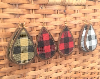 Buffalo Plaid Teardrop Earrings: Faux Leather & Wood, Holiday Earrings