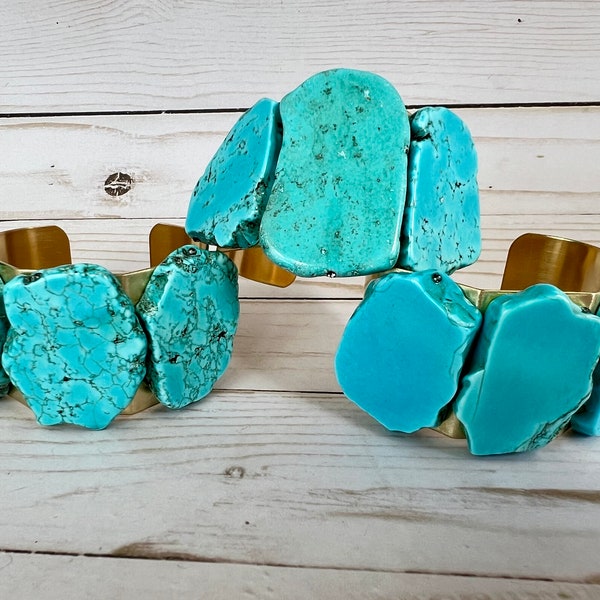 Large Chunky Turquoise And Gold Brass Cuff Bracelet, Blue Turquoise Stone Bracelet, Boho Raw Stone Gold Bangle, Statement Jewelry