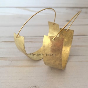 Gold Statement Hoop Earrings, Large Brass Tribal Earrings, Thick Gold Hoop Earrings, Hammered Gold Earrings