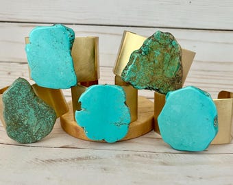Turquoise Cuff Bracelet, Chunky Turquoise Bracelet, Gold Turquoise Bracelet, Statement Bracelet, Brass Cuff Bracelet, Natural Stone Cuff