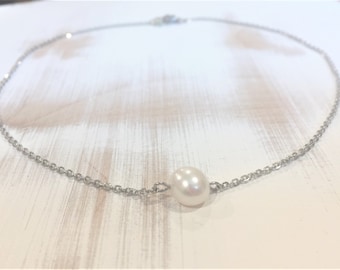 Single Pearl and Silver Chain Choker Necklace, Simple Silver Choker Necklace, Bridesmaid Gift, Short Silver Layered Necklace