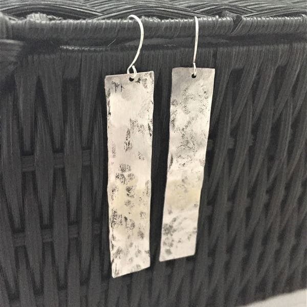 Silver Bar Earrings, Hammered Rectangle Earrings, Long Bar Earrings, Silver Statement Earrings, Minimalist Earrings, Distressed Earrings