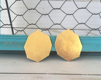 Hammered Gold Statement Earrings, Geometric Brass Stud Earrings, Large Brass Rectangle Stud Earrings, Stainless Steel Ear Posts