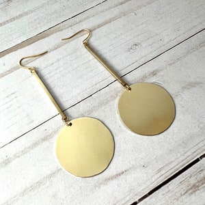 Gold Brass Circle Dangle Earrings: Minimalist Moon Jewelry