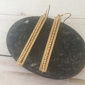 Beaded Brass Bar Earrings: Gold Stick Dangle Earrings