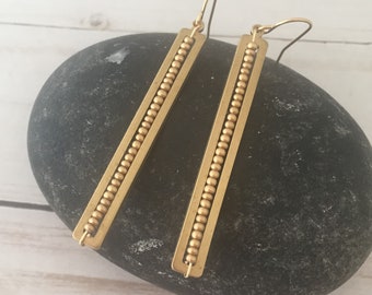 Beaded Brass Bar Earrings, Simple Gold Stick Earrings, Long Rectangle Drop Earrings, Geometric Earrings, Beaded Stick Earrings