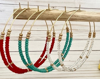 Beaded Hoop Earrings, Bright Glass Seed Beads, Large Gold Multicolored Boho Hoops