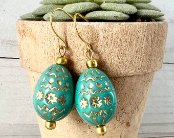 Gold and Ivory or Turquoise Glass Easter Egg Earrings, Easter Gift Jewelry, Ukrainian Pysanky Egg Earrings, Vintage Style Earrings, Tan Egg