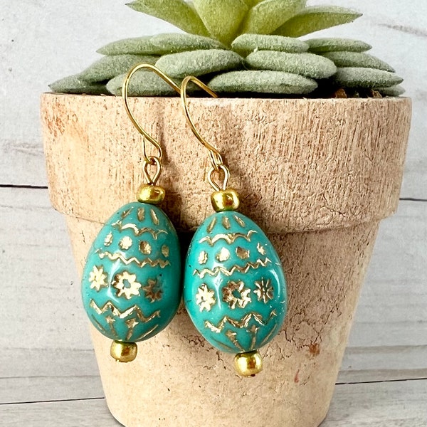 Gold and Ivory or Turquoise Glass Easter Egg Earrings, Easter Gift Jewelry, Ukrainian Pysanky Egg Earrings, Vintage Style Earrings, Tan Egg