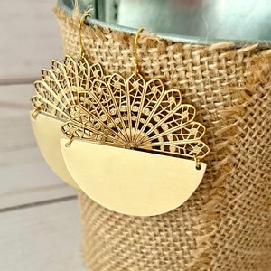 Gold Disc Earrings, Brass Filigree Circle Earrings, Mandala Jewelry, Round Filigree Hoop Earrings, Big Statement Earrings, Cutout Earrings