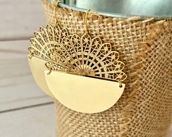 Gold Disc Earrings, Brass Filigree Circle Earrings, Mandala Jewelry, Round Filigree Hoop Earrings, Big Statement Earrings, Cutout Earrings