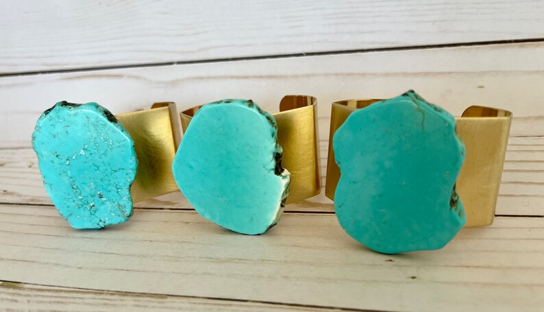 Turquoise Cuff Bracelet, Chunky Turquoise Bracelet, Gold Turquoise Bracelet, Statement Bracelet, Brass Cuff Bracelet, Natural Stone Cuff image 7