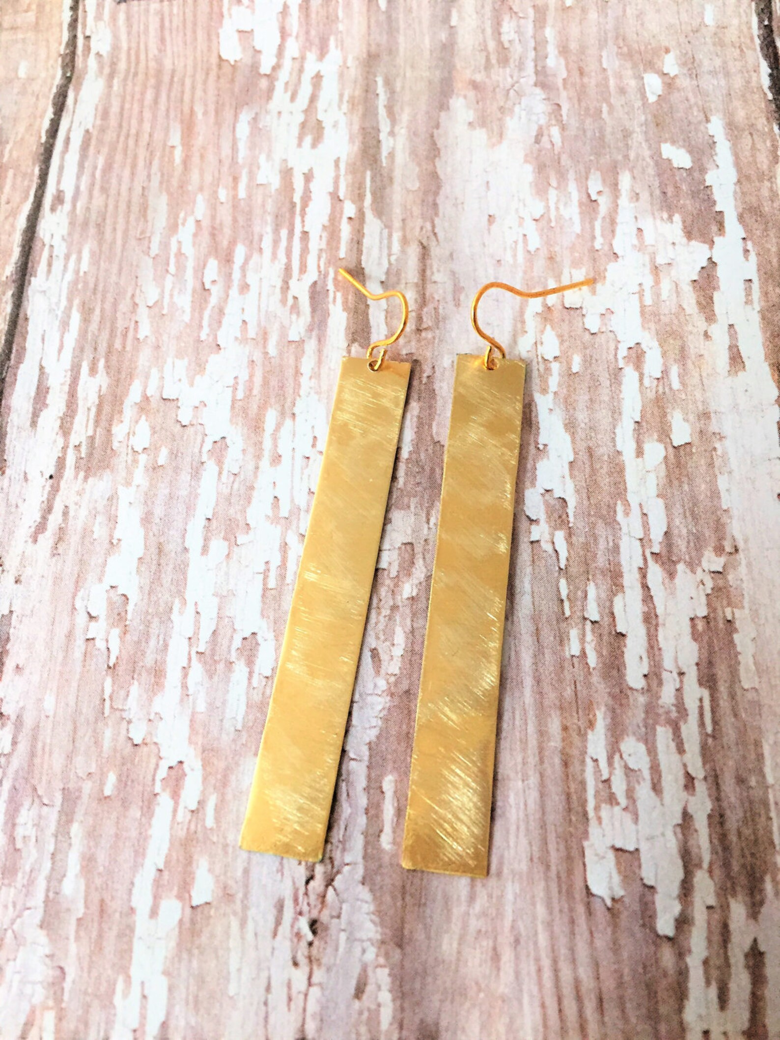 Gold Brass Bar Earrings Minimalist Geometric Jewelery Long Etsy