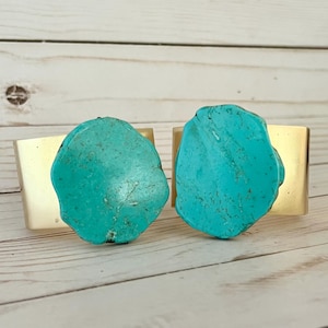 Chunky Turquoise Brass Cuff Bracelet: Natural Stone Statement Jewelry