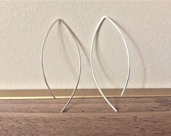 Thin Sterling Silver Hammered Open Hoop Earrings, Silver Threader Earrings, Minimalist Geometric Jewelry, Wishbone Earrings