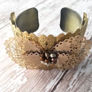 Butterfly Bracelet, Gold Butterfly Cuff, Chunky Butterfly Bracelet, Beaded Butterfly Cuff, Brass Butterfly Cuff, Butterfly Jewelry