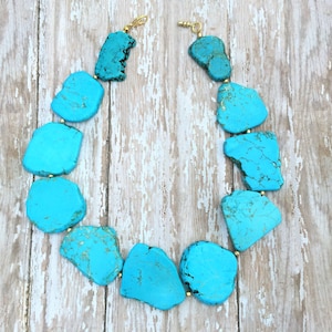 Chunky Turquoise Statement Necklace, Turquoise Beaded Necklace, Western Necklace, Southwest Jewelry, Blue Stone Necklace, Slab Turquoise