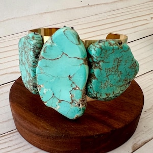 Large Chunky Turquoise And Gold Brass Cuff Bracelet, Blue Turquoise Stone Bracelet, Boho Raw Stone Gold Bangle, Statement Jewelry