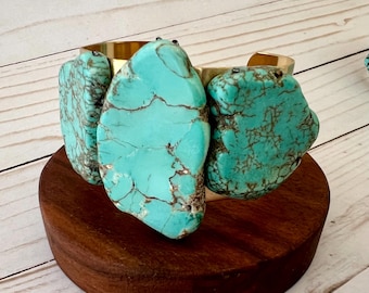 Large Chunky Turquoise And Gold Brass Cuff Bracelet, Blue Turquoise Stone Bracelet, Boho Raw Stone Gold Bangle, Statement Jewelry