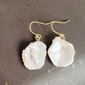 Freshwater Baroque Pearl Earrings, Flat Natural White Keshi Corn Flake Pearl Earrings