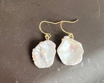 Freshwater Baroque Pearl Earrings, Flat Natural White Keshi Corn Flake Pearl Earrings