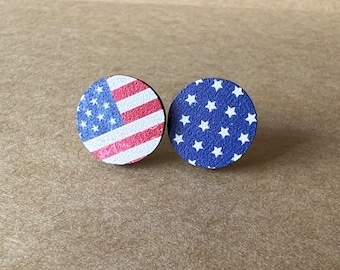 Painted Wood Red White Blue Stud Earrings, Circle Wooden Stud Earrings, Patriotic American Flag Earrings, Small Round Wood Stud Earrings