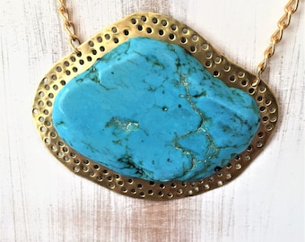 Turquoise Pendant Necklace, Gemstone Necklace, Turquoise Statement Necklace, Blue Necklace, Gold Pendant Necklace, Western Jewelry