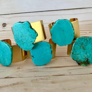Chunky Turquoise Brass Cuff Bracelet: Natural Stone Statement Jewelry