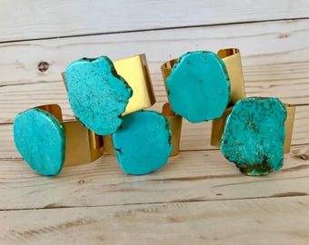 Chunky Turquoise Brass Cuff Bracelet: Natural Stone Statement Jewelry