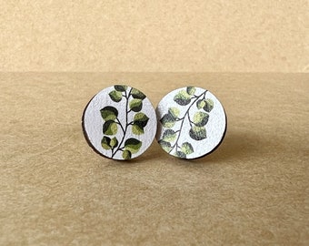 Painted Wood Ivy Stud Earrings, Circle Wooden Stud Earrings, Leaf Plant Jewelry, Vine Earrings, Small Round Wood Stud Earrings, Tree Earring