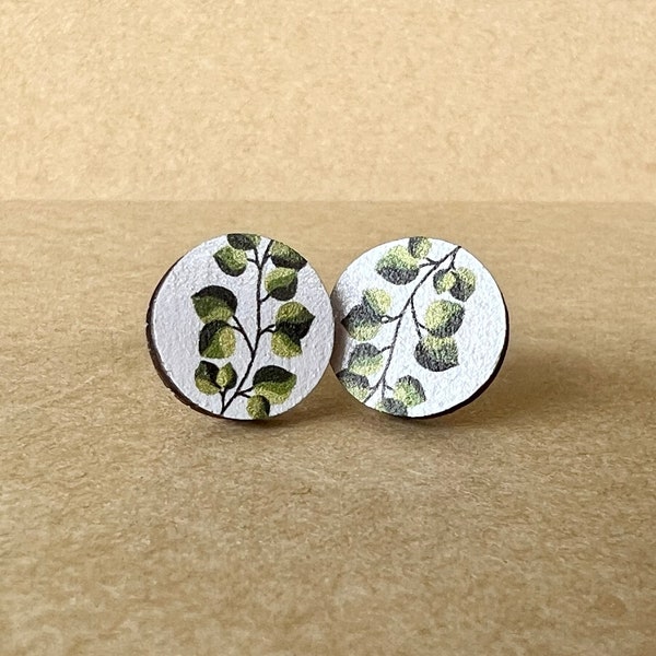Painted Wood Ivy Stud Earrings, Circle Wooden Stud Earrings, Leaf Plant Jewelry, Vine Earrings, Small Round Wood Stud Earrings, Tree Earring