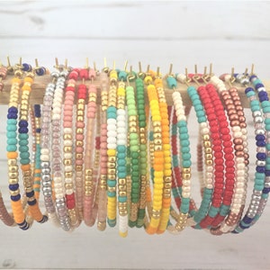 Beaded Hoop Earrings, Bright Colorful Beaded Hoops, Large Boho Hoops, Multicolor Hoop Earrings
