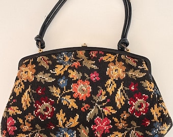Bolso de mano vintage de punto de aguja, bolso de noche con tapiz floral de los años 50