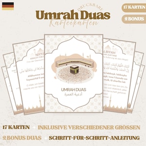 May include: A set of Umrah Duas flashcards with Arabic text and illustrations of the Kaaba. The cards are beige and white, with the title "Umrah Duas" in large, stylized lettering. The set includes 17 cards and 2 bonus cards.