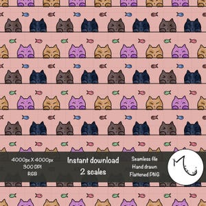 かわいいネコ猫のシームレスパターン、かわいい猫と魚のデザイン、シームレスファイル、シームレスパターン、デジタルペーパー、PNG、即時ダウンロード