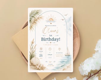 Peut inclure: Une carte d'invitation d'anniversaire rectangulaire avec un thème de plage à l'aquarelle, incluant des feuilles de palmier, des coquillages, un voilier et un soleil. Le texte indique Olivia's 1st Birthday, a little beach a lot of fun, avec des espaces pour la date, l'heure, le lieu et le numéro de téléphone.